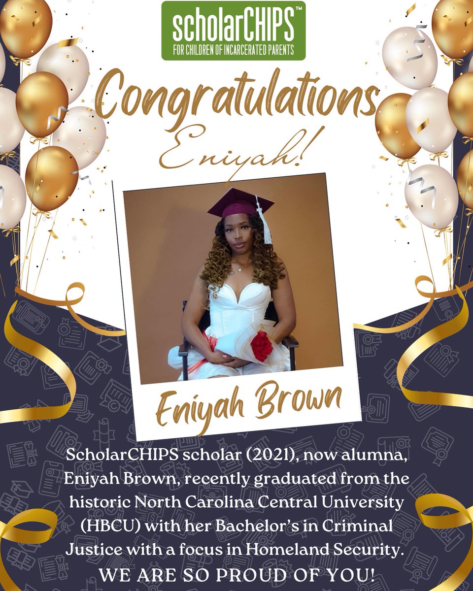 On this #WhereAreTheyWednesday we are congratulating and celebrating our scholar, now alumna, Eniyah Brown for graduating from NCCU on May 10, 2025 with her Bachelor’s in Criminal Justice ⚖️ Congratulations, Eniyah 🎉🎉🎉🎉 #HBCU #ScholarCHIPS