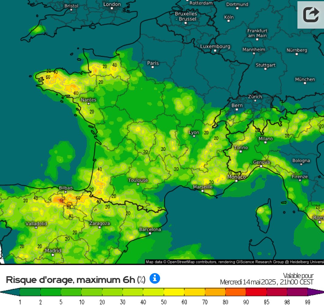 VigipreventionM's tweet image. ⛈️{#Orages}
⛈️-&amp;gt; Les jours se suivent et se ressemblent, avec une #instabilité persistante marquée par de petites cellules #orageuses sur une grande partie de la #France, notamment dans le #sud. Des #orages plus structurés sont attendus en #Bretagne, mais surtout dans le