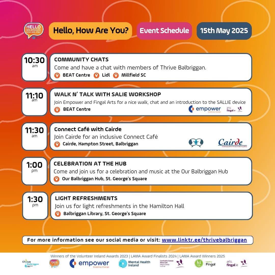 Cairde Ireland (@cairdeireland) on Twitter photo Tomorrow, Thursday 15th May, is 'Hello, How Are You?' Day, a national campaign that encourages us to reach out and connect with those around us through open and meaningful conversations about mental health.
Join us at the <a href="/CairdeB/">Cairde Balbriggan</a> at 11:30am for our #ConnectCafe! See you there! Tomorrow, Thursday 15th May, is 'Hello, How Are You?' Day, a national campaign that encourages us to reach out and connect with those around us through open and meaningful conversations about mental health.
Join us at the <a href="/CairdeB/">Cairde Balbriggan</a> at 11:30am for our #ConnectCafe! See you there!