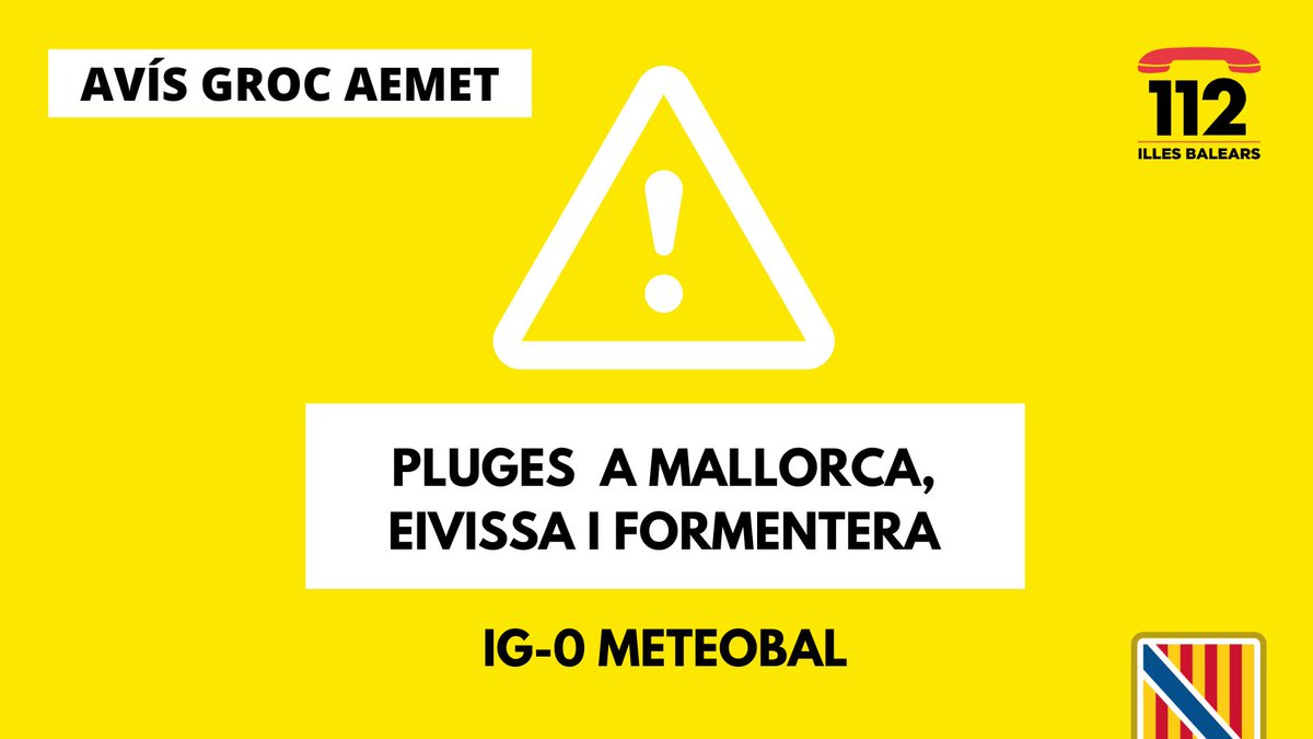 Actualització de les alertes ‼️

🟡Activat l'IG-0 del Pla Meteobal per pluges a Eivissa i Formentera.

🟡 Continua activada l'alerta a Mallorca.