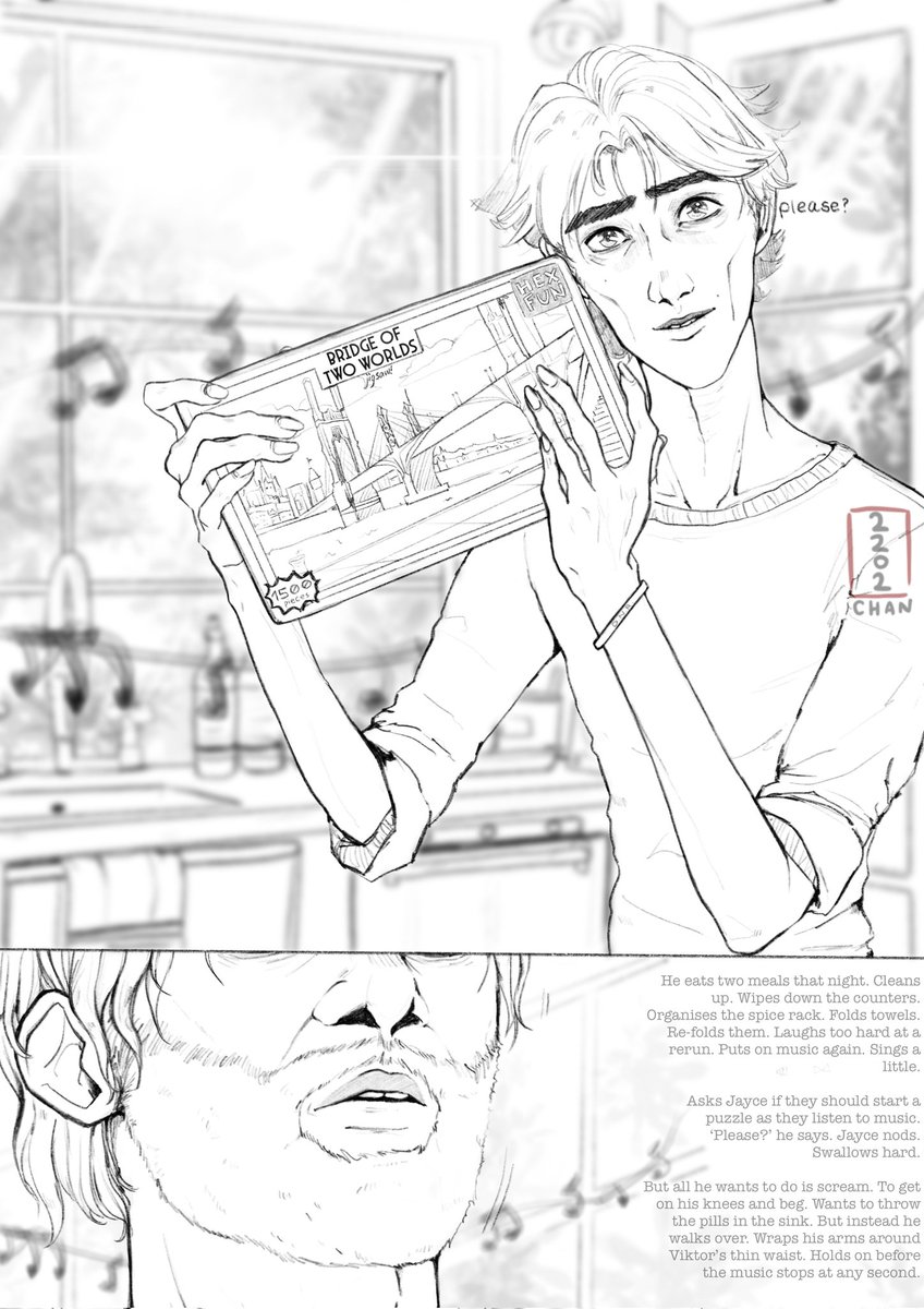 2202Chan's tweet image. Yesterday I lost my dog unexpectedly. I don't know how to grieve, so what better way to cope with a loss of a pet is there than to draw fanart of "Playlist for When Your Boyfriend Stops Breathing" by @SunsetPlums 

This has got to be one of my fav moments of the fic.

#jayvik