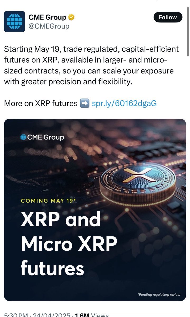 🔥🎉The Go time, May 18 to May 19🔥🎉

Mr.Pool “ the time has arrived”
May 5, 2025 … which is on Julian calendar
Add 13 days that would be May 18-19 on Gregorian calendar

And May 19, that’s when Futures for Ripple will be live on CME groups 

Hence Trump making the peace deals