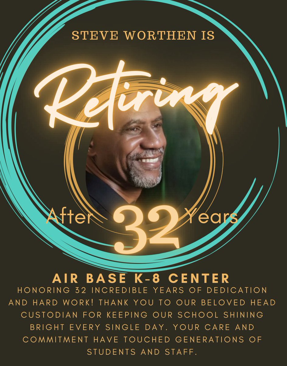 <a href="/AirBaseK8/">Air Base K-8</a> 32 years. One incredible journey. Happy retirement, Steve Worthen!
Grateful for your dedication to our school with love from ABK8
#ThankYou #CustodianStrong #RetiredLife <a href="/AlonzaPendergr1/">Alonza Pendergrass</a> <a href="/carvalhogibson/">Angella Carvalho</a> <a href="/MDCPSSouth/">South Region Office</a> <a href="/MDCPS/">Miami-Dade Schools</a> <a href="/miamimagnets/">Miami Magnet Schools</a> <a href="/SuptDotres/">Jose L. Dotres, Ed.D.</a>