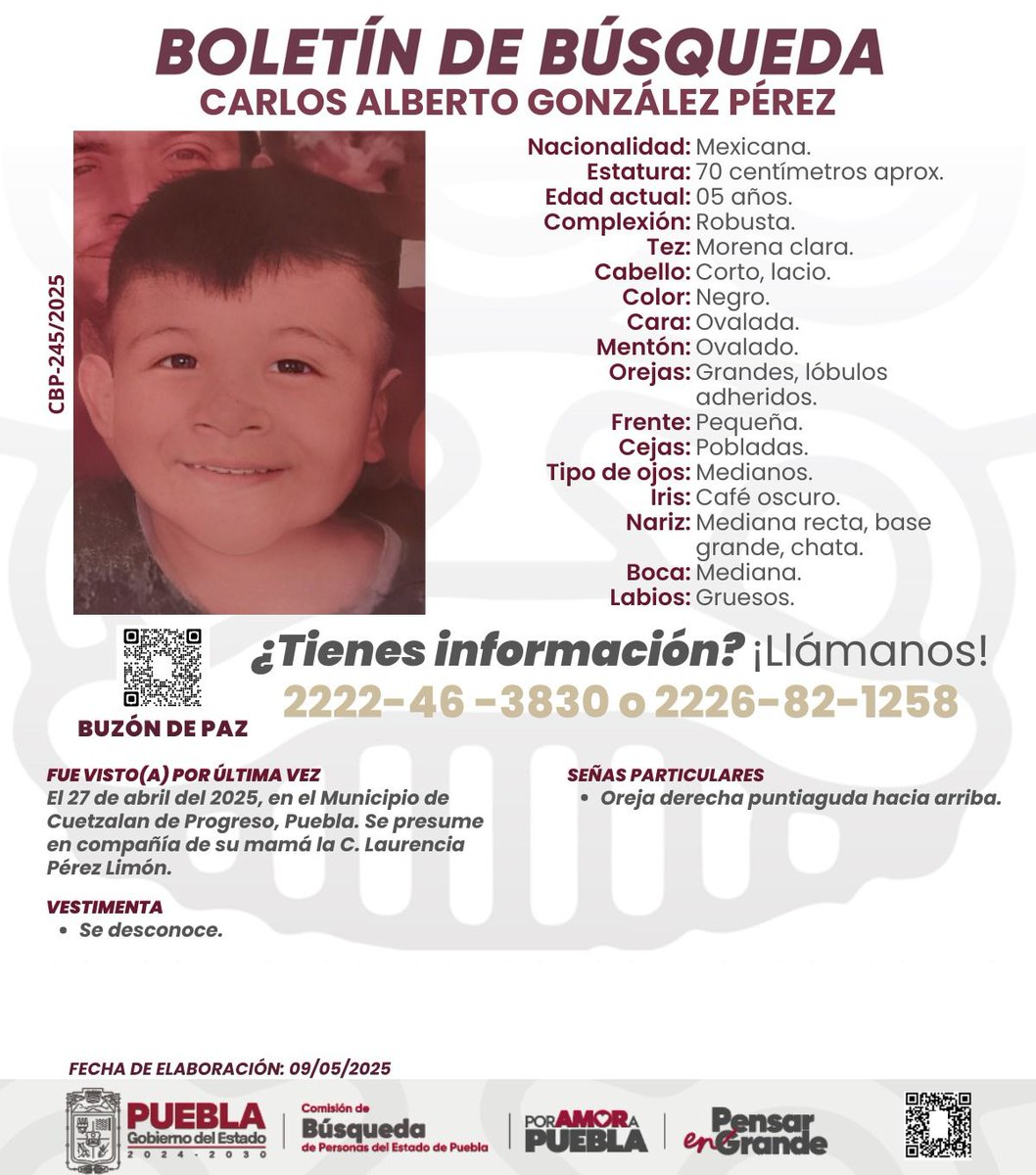 TribunaVigila's tweet image. Ayuda para para localizar a Carlos Alberto González Pérez de 05 años, fue visto por última vez el #27deAbril en #Cuetzalan, #Puebla. #Comparte #ServicioSocial #LaVozDeLosPoblanos #SeBusca