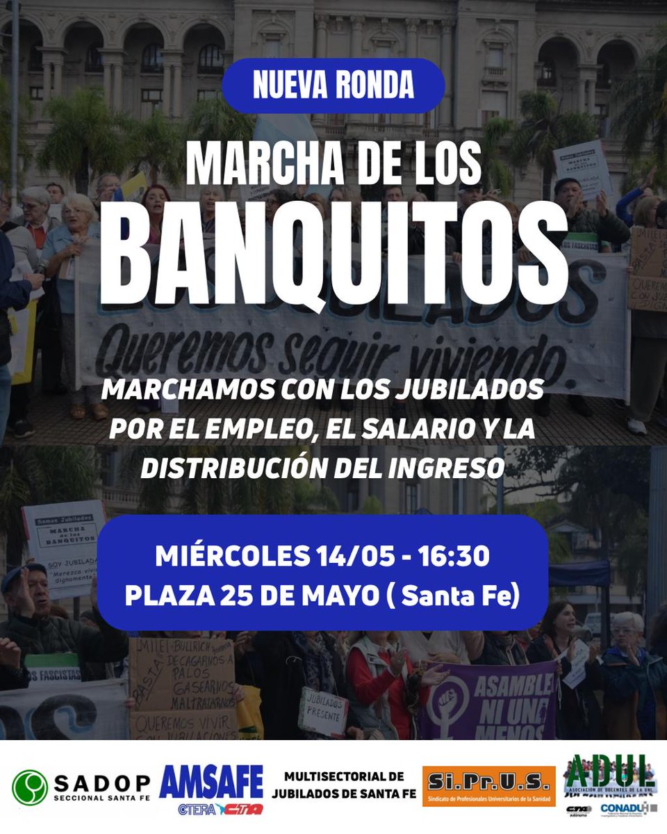 📌 NUEVA RONDA DE JUBILADOS

Invitamos a esta movilización a la que convocamos organizaciones gremiales para acompañar la ronda de jubilados de este miércoles.