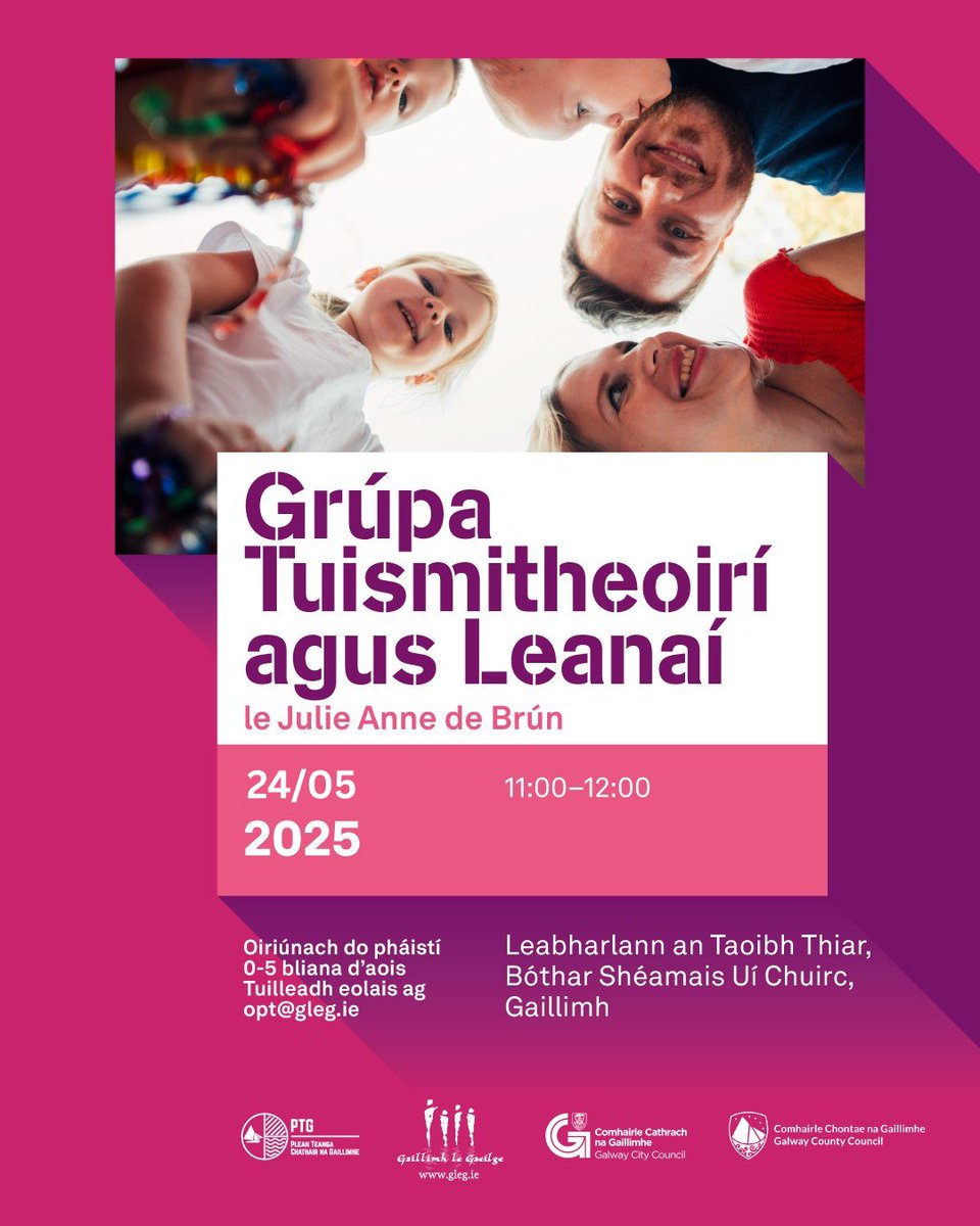 The next Irish Language Parent, Toddler and Early Childhood Group/ Grúpa Tuismitheoirí agus Leanaí will take place on Saturday the 24th of May 2025 at 11am-12pm in <a href="/westsidelib/">Westside Library</a>   with <a href="/J_A_deBrun/">Julie Anne de Brún</a>.