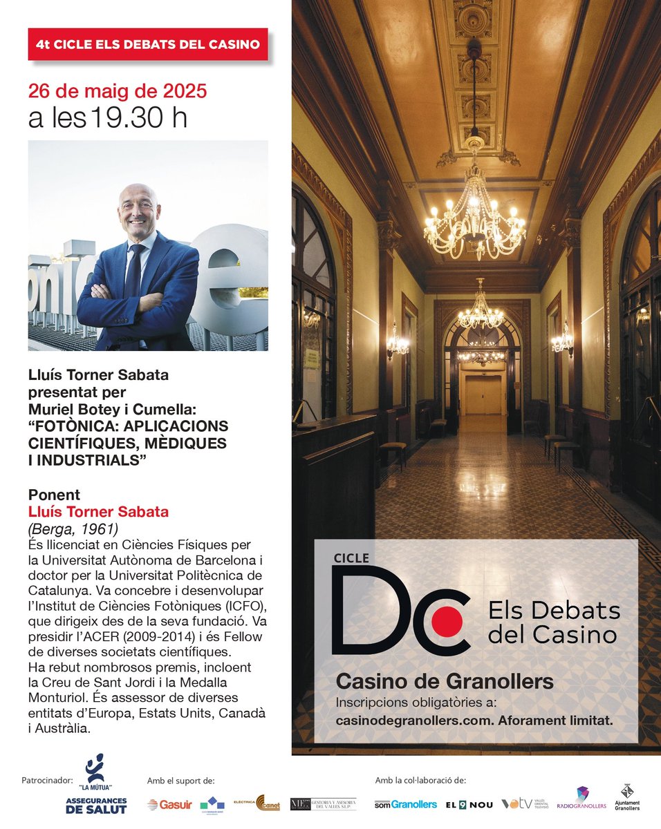 Segon Debat d'aquest mes de maig!
Lluís Torner parlarà amb Muriel Botey sobre les aplicacions científiques, mèdiques i industrials de la fotònica.
No hi faltis!

🗓 Dilluns 26 de maig
🕣 19.30 h
Casino de Granollers
Patrocini <a href="/MutuaGranollers/">Mutua de Granollers</a>