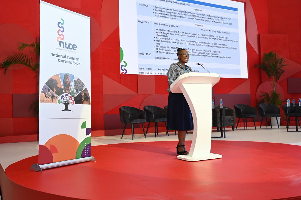 Tourism_gov_za's tweet photo. Department of Tourism DDG Mmaditonki Setwaba opening the National Tourism Careers Expo meeting with stakeholders at the Tourism Travel Indaba 2025 in Durban ICC. #ATI2025 #NTCE
#TravelIndaba25
#G20SouthAfrica
#SouthAfricaAwaits
#WeDoTourism https://t.co/UpSYx7EGhn