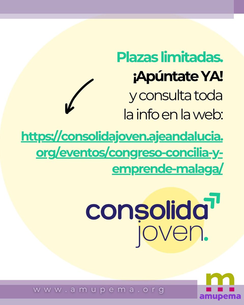 Amupema (@amupema) on Twitter photo 5 de junio. I Congreso Concilia y Emprende <a href="/Aje_Andalucia/">AJE ANDALUCIA</a> en la <a href="/Camara_Malaga/">Cámara de Comercio de Málaga</a>
con la participación de Rocío García <a href="/rgdfactoria/">FactoríadeProyectos</a>
presidenta de Amupema.
Las plazas son limitadas. Reserva la tuya en: consolidajoven.ajeandalucia.org/eventos/congre……
#amupema #empresarias #emprendedoras #conciliacion 5 de junio. I Congreso Concilia y Emprende <a href="/Aje_Andalucia/">AJE ANDALUCIA</a> en la <a href="/Camara_Malaga/">Cámara de Comercio de Málaga</a>
con la participación de Rocío García <a href="/rgdfactoria/">FactoríadeProyectos</a>
presidenta de Amupema.
Las plazas son limitadas. Reserva la tuya en: consolidajoven.ajeandalucia.org/eventos/congre……
#amupema #empresarias #emprendedoras #conciliacion