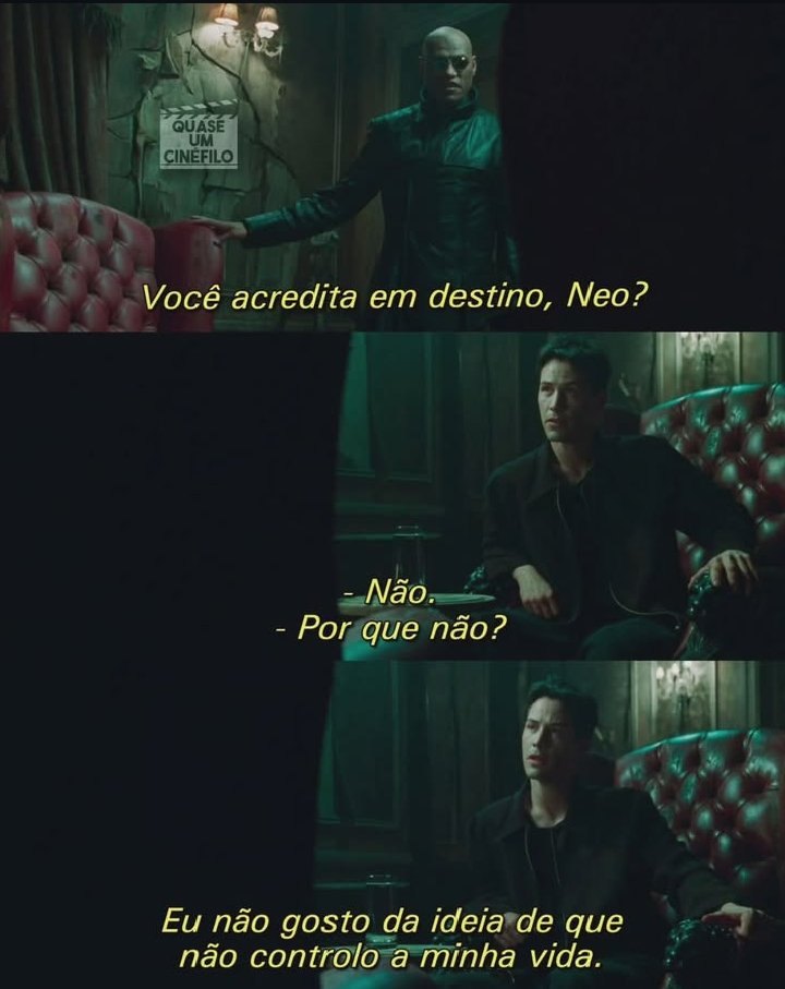 "Você acredita em destino, Neo?"
"Não. Prefiro acreditar que minha vida desanda por decisões ruins minhas mesmo."

#QuartaReflexiva #FrasesDeNovela #SóQueNão #MatrixDaDepressão #FilosofiaDeBoteco #ReflexãoComHumor