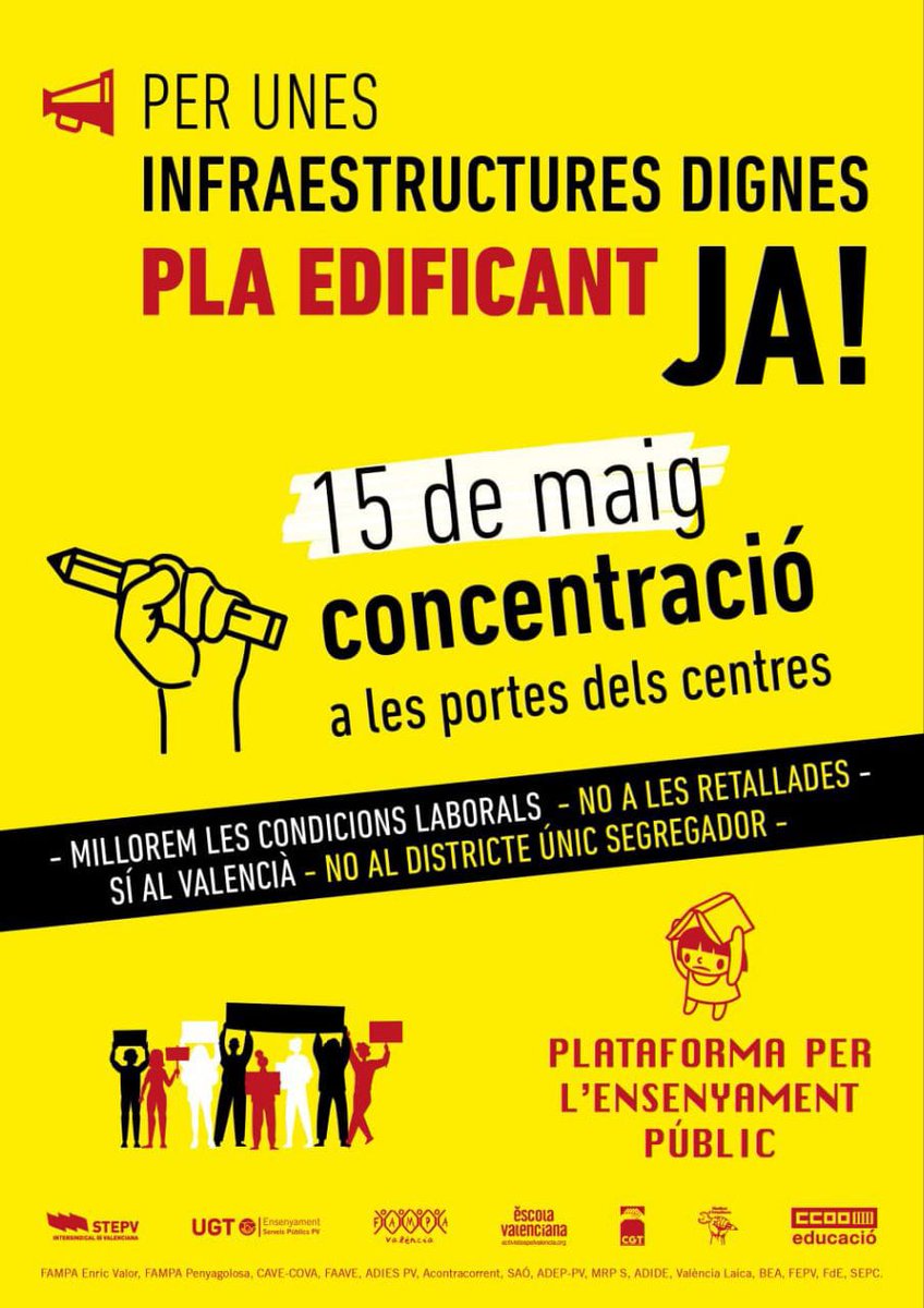 Apoyamos la convocatoria de Concentración a las Puertas de los Centros:
#CEIPLaCañadaDelFenollar
📆 jueves 15 mayo
⏰ 9 h
🏫 Colegio La Cañada del Fenollar -Alicante

#IESEnricValor -El Campello
📆 jueves 15 mayo
⏰ 10:45h
🏫 IES Enric Valor. El Campello

#EscuelaPúblicaDeCalidad