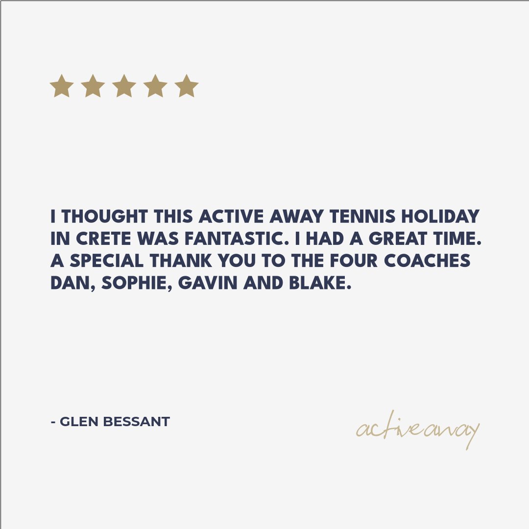 Glen Bessant shared his thoughts on his recent Crete tennis holiday: 🎾

"I thought this Active Away tennis holiday in Crete was fantastic."

Huge thanks to Dan, Sophie, Gavin and Blake for their superb coaching! 👏

#ActiveAway #TennisHoliday #CreteTennis