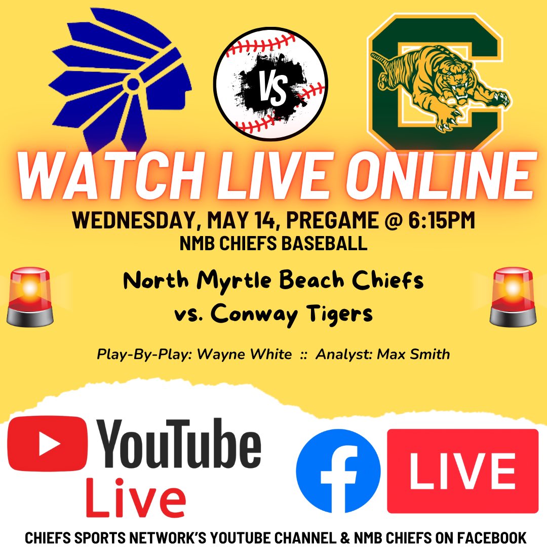 North Myrtle Beach Chiefs Sports Network (@nmbchiefsonline) on Twitter photo LIVE TONIGHT...<a href="/DiamondChiefs/">Coach BA. Alderson</a> host <a href="/conway_baseball/">Conway Baseball</a> in a District 3 elimination game. <a href="/jwedrasc/">Joe Wedra</a> <a href="/CoachH11/">Tony Heilbronn</a> <a href="/KnollAthletics/">White Knoll Athletics</a> <a href="/DolanCrolley/">Dolan Crolley</a>
⏰6:15pm
📷@NMBChanticleer & Max Smith
📷Facebook.com/NMBChiefs
📷YouTube.com/@ChiefsSportsN… LIVE TONIGHT...<a href="/DiamondChiefs/">Coach BA. Alderson</a> host <a href="/conway_baseball/">Conway Baseball</a> in a District 3 elimination game. <a href="/jwedrasc/">Joe Wedra</a> <a href="/CoachH11/">Tony Heilbronn</a> <a href="/KnollAthletics/">White Knoll Athletics</a> <a href="/DolanCrolley/">Dolan Crolley</a>
⏰6:15pm
📷@NMBChanticleer & Max Smith
📷Facebook.com/NMBChiefs
📷YouTube.com/@ChiefsSportsN…