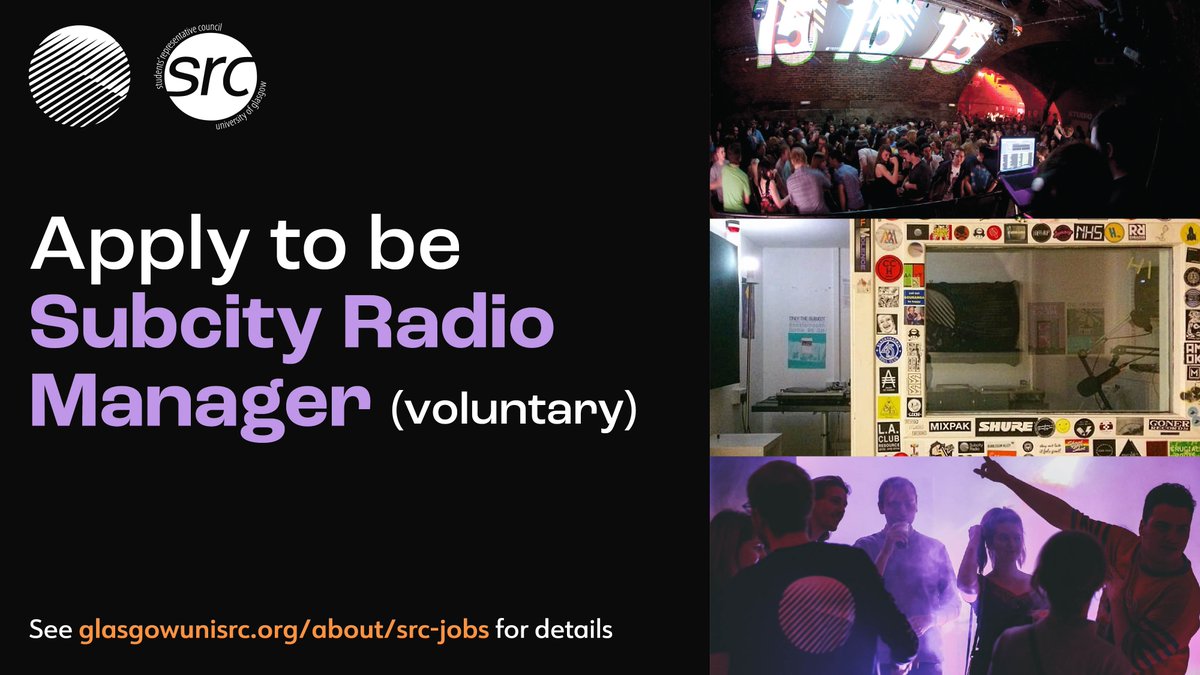 Glasgow University SRC (@glasgowunisrc) on Twitter photo Love radio, music, & student media? ๐ชฉ ๐ถ ๐ป
<a href="/SubcityRadio/">Subcity Radio</a> is looking for a bold, creative, and driven Station Manager (or co-managers) to lead them through 2025โ26.
Shape the sound. Build the team. Run the show
glasgowunisrc.org/jobs (voluntary role) Love radio, music, & student media? ๐ชฉ ๐ถ ๐ป
<a href="/SubcityRadio/">Subcity Radio</a> is looking for a bold, creative, and driven Station Manager (or co-managers) to lead them through 2025โ26.
Shape the sound. Build the team. Run the show
glasgowunisrc.org/jobs (voluntary role)