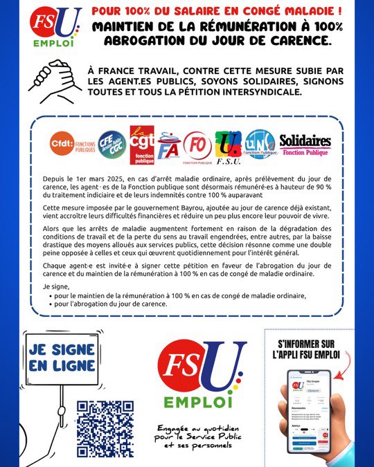 FSU EMPLOI OCCITANIE (@fsuemploiocc) on Twitter photo Pour 100% du salaire en congé maladie ! Maintien de la rémunération à 100% ! Abrogation du jour de carence ! Je signe et je fais signer la pétition en ligne !
<a href="/FranceTravail/">France Travail</a> <a href="/ThibautGuilluy/">Thibaut Guilluy</a> <a href="/CaVautrin/">Catherine Vautrin</a> <a href="/EmmanuelMacron/">Emmanuel Macron</a> <a href="/bayrou/">François Bayrou</a> Pour 100% du salaire en congé maladie ! Maintien de la rémunération à 100% ! Abrogation du jour de carence ! Je signe et je fais signer la pétition en ligne !
<a href="/FranceTravail/">France Travail</a> <a href="/ThibautGuilluy/">Thibaut Guilluy</a> <a href="/CaVautrin/">Catherine Vautrin</a> <a href="/EmmanuelMacron/">Emmanuel Macron</a> <a href="/bayrou/">François Bayrou</a>