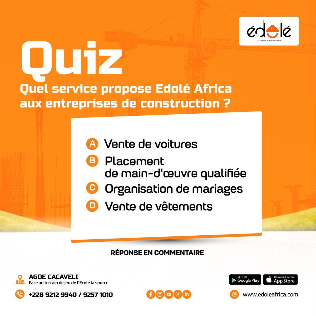 Vous pensez connaître Edolé Africa ? Prouvez le en commentaires !
Dites-nous quel service on propose vraiment aux entreprises de construction :
A, B, C ou D ?

Bonne réponse = 10% de remise sur votre première commande chez nous !

#EdoléAfrica #QuizFun #BTP #MaindoeuvreQualifiée