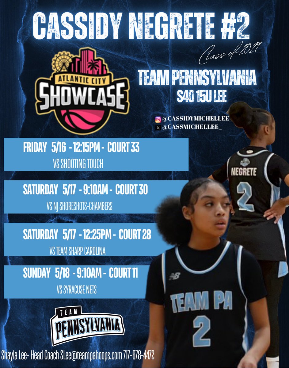 Cassidy Negrete (@cassmichellee_) on Twitter photo Ready and excited to play with my team this weekend at the Atlantic City Showcase!! Come checkout us out!! <a href="/Shay_Lee_xo/">Shayla Lee</a> <a href="/CoachDickerson5/">Daron Dickerson</a> <a href="/TEAMPAHOOPS/">TEAM PENNSYLVANIA</a> Ready and excited to play with my team this weekend at the Atlantic City Showcase!! Come checkout us out!! <a href="/Shay_Lee_xo/">Shayla Lee</a> <a href="/CoachDickerson5/">Daron Dickerson</a> <a href="/TEAMPAHOOPS/">TEAM PENNSYLVANIA</a>