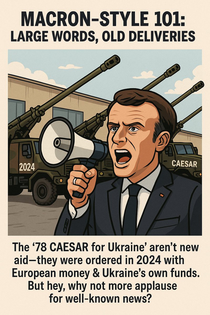 Macron-Style 101:
Große Worte, alte Lieferungen.
Die „78 CAESAR für die Ukraine“ sind keine neue Hilfe – sie wurden 2024 bestellt, mit europäischem Geld &amp; ukrainischen Mitteln.
Aber hey, warum nicht nochmal Applaus für längst Bekanntes?