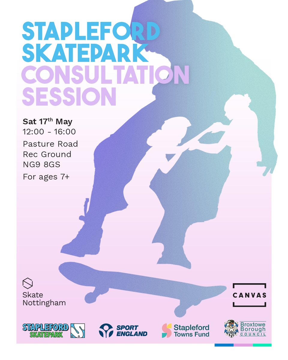 Over the next x2 Saturdays, there are x2 skatepark consultation, community engagement and co-design events to get involved in:
This Saturday, 17th May - 12-4pm, come to Pasture Road recreation ground, Stapleford, to input to the new skatepark that'll be built this summer.
1/3