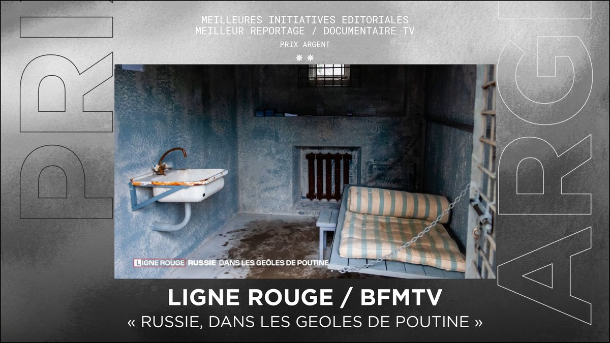 Catégorie Meilleur reportage, documentaire TV, l’#ARGENT est décerné à <a href="/BFMTV/">BFMTV</a> pour le Grand reportage Ligne Rouge « Russie, dans les geôles de Poutine ». Un reportage consacré aux prisonniers politiques russes avec les témoignages bouleversants de trois des principaux opposants