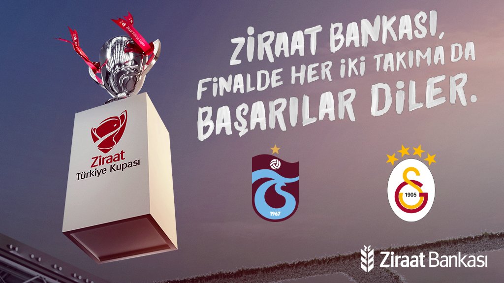 Ziraat Türkiye Kupası, tam 16 yıldır futbolseverlere heyecanlı anlar yaşatıyor.
 
Ziraat Bankası, final maçında her iki takıma da başarılar diler. Sizce kupayı hangi takım alacak? #GSvTS #ZiraatBankası #ZTK #ZiraatTürkiyeKupası #BirKupadanDahaFazlası