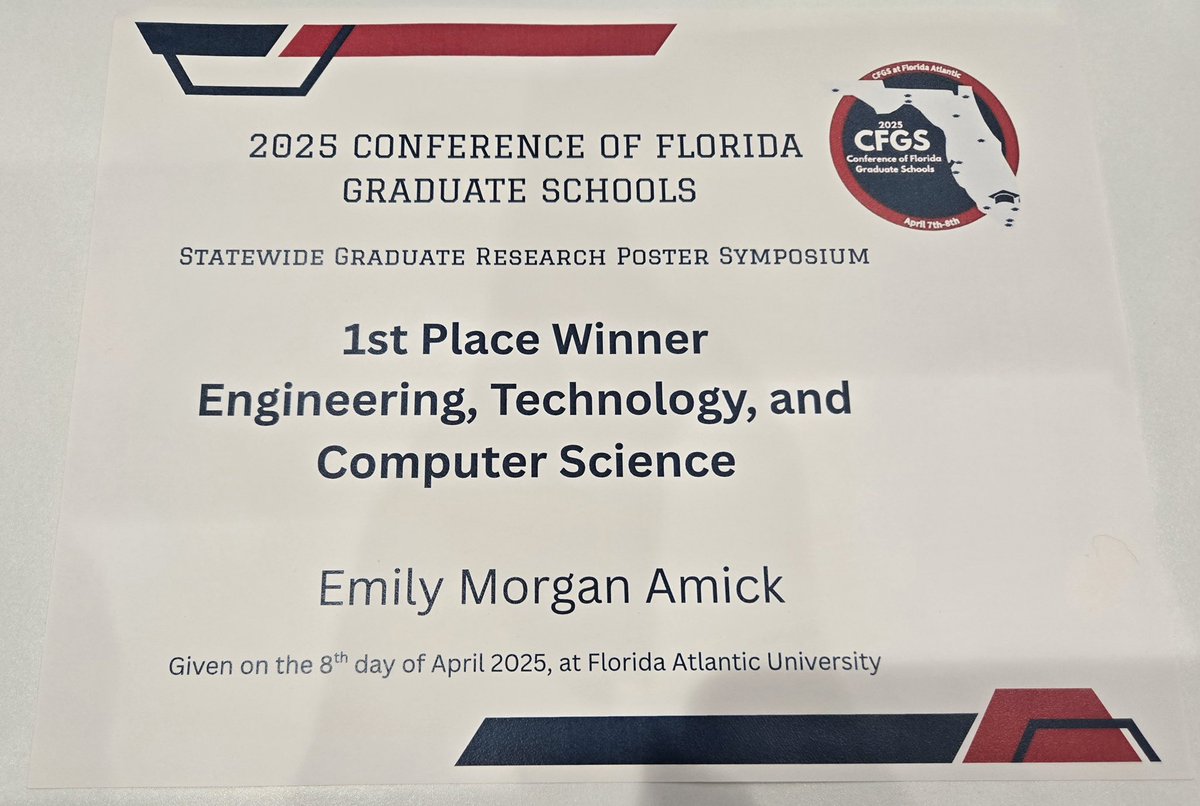 EngineeringUSF's tweet image. Congratulations to Emily Morgan Amick, who successfully competed and won first place at both the USF Graduate Student Research Symposium and the statewide Conference for Florida Graduate Schools! 
Learn more here: bit.ly/43vZpwY 
#USF #USFEngineering #GoBulls  #USFBulls