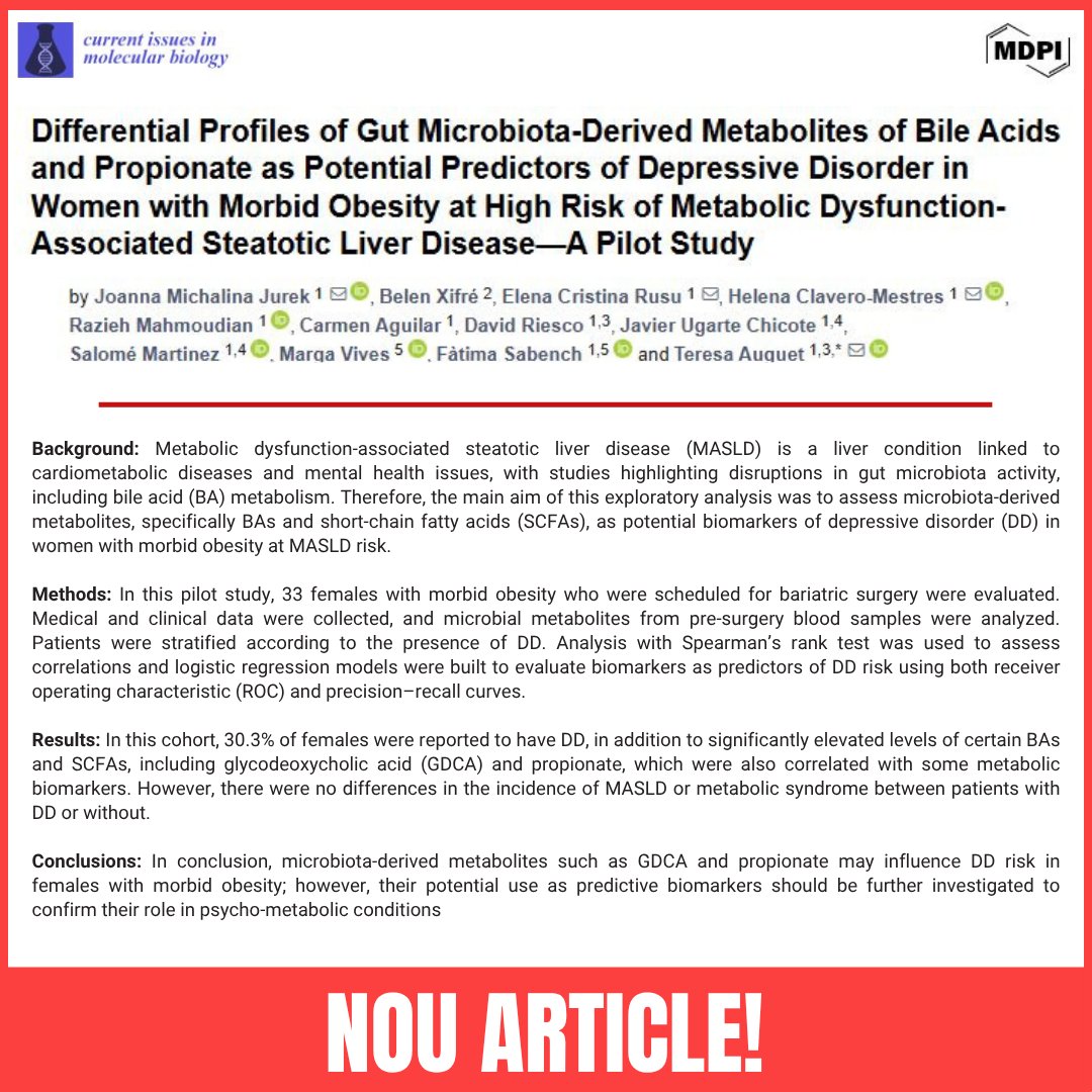 📢 Nou article publicat!

Sabies que els metabòlits derivats del microbioma intestinal podrien tenir un paper en els trastorns depressius en dones amb obesitat mòrbida amb MASLD?

Link a l'article: doi.org/10.3390/cimb47…