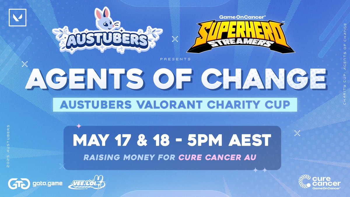 Game On Cancer® (@gameon_cancer) on Twitter photo The legends at <a href="/AusTubers/">AusTubers 🇦🇺</a> are locked and loaded for their first-ever Valorant Charity Cup, supporting #SuperheroStreamers 😍
When: May 17 & 18 from 5 pm AEST
Where: Twitch.tv/austubers
What can you expect?
- A good time
- Average gameplay 😜 (joking)
- Incredible The legends at <a href="/AusTubers/">AusTubers 🇦🇺</a> are locked and loaded for their first-ever Valorant Charity Cup, supporting #SuperheroStreamers 😍
When: May 17 & 18 from 5 pm AEST
Where: Twitch.tv/austubers
What can you expect?
- A good time
- Average gameplay 😜 (joking)
- Incredible