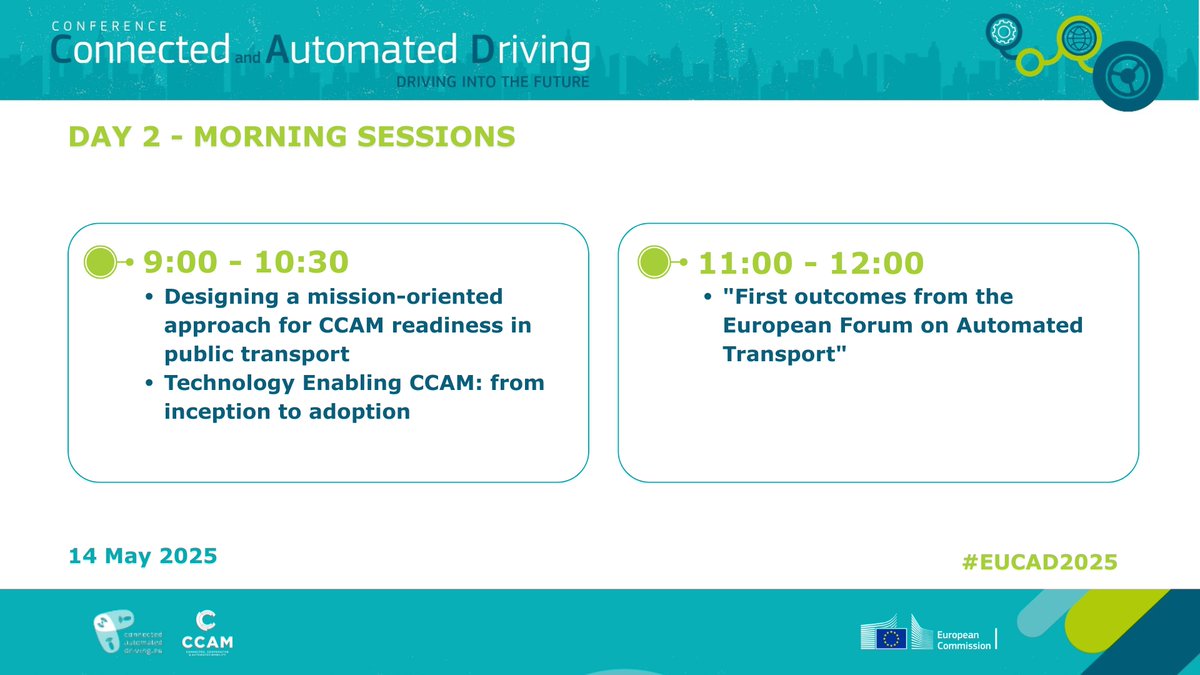 Day 2 of #EUCAD2025 starts strong!

- Designing CCAM readiness for public transport
- Tech enabling from inception to adoption

11:00: first outcomes from the Member States' EU Forum on Automated Transport

👉connectedautomateddriving.eu/eucad/eucad202…

#SmartMobility #DigitalTransport #HorizonEU