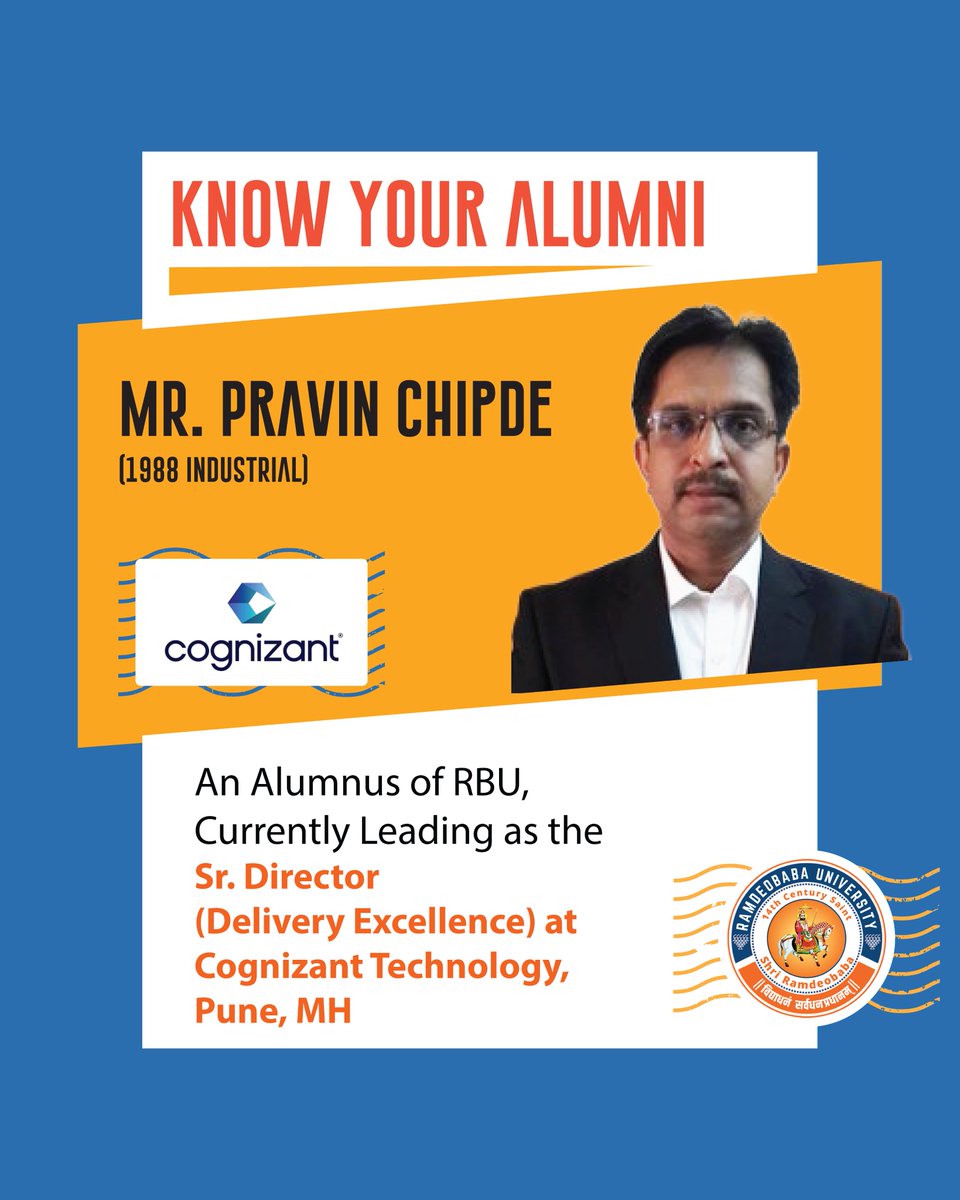 Celebrating the journey of Mr. Pravin Chipde, a proud RBU alumnus (1988 Industrial), now excelling as Sr. Director at Cognizant, Pune. His success story inspires generations of RBU students to dream big and lead with impact. 💼✨