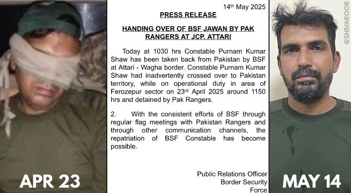 BIG BREAKING 🚨🚨🚨 

Pakistan returns BSF jawan Purnam Kumar Shaw, जवान पूर्णम कुमार was captured by Pakistan Rangers on April 23. He was handed over to India at 10.30am through the Joint Check Post Attari.

Jai Hind,Jai Bharat.✊🇮🇳🔥
#Pakistan #PurnamKumarShaw 
#BycottTurkey
