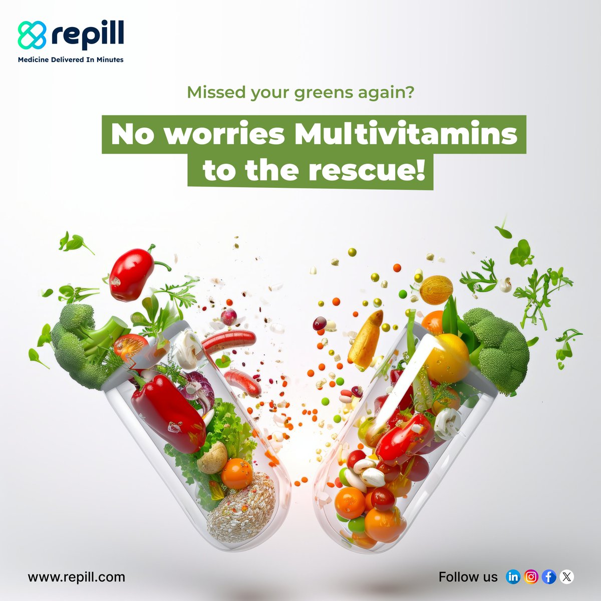 repillquick's tweet photo. Let’s be honest - we don’t always eat right (yes, skipping veggies again 🙈).

That’s where multivitamins step in - filling nutritional gaps and giving your body the daily boost it needs.

✨ Whether it’s Vitamin D for energy, B12 for focus, or zinc for immunity - Repill delivers trusted multivitamins and supplements right to your doorstep.

Healthy habits start small. Start with a pill. Start with Repill. 💚

🛵 Tap to order your daily dose of wellness - fast, reliable, from your local pharmacy.

#MultivitaminMagic #RepillDelivers #DailyDoseOfWellness #VitaminBoost #HealthyLiving #RepillCares #WellnessAtYourDoorstep #SkipNothingStayHealthy