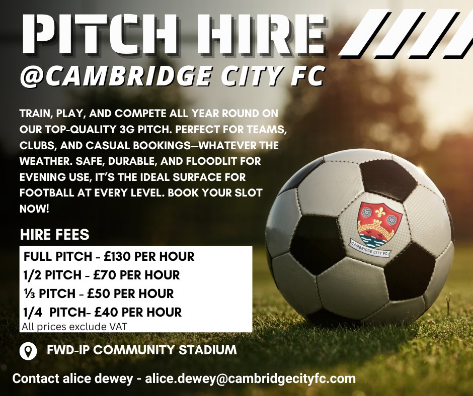Cambridge City FC (@cambridgecityfc) on Twitter photo 🏟️ 3G Pitch Available for Hire! ⚽️
Looking for a top-quality surface for training, matches, or a casual kickabout? Our state-of-the-art 3G pitch is available to book now!
✅ Floodlit
✅ All weather surface
📅 Book your slot today!
📩 email alice.dewey@cambridgecityfc.com 🏟️ 3G Pitch Available for Hire! ⚽️
Looking for a top-quality surface for training, matches, or a casual kickabout? Our state-of-the-art 3G pitch is available to book now!
✅ Floodlit
✅ All weather surface
📅 Book your slot today!
📩 email alice.dewey@cambridgecityfc.com