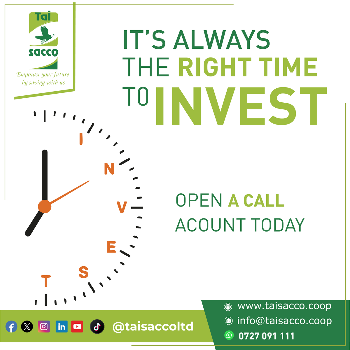 taisaccoltd's tweet photo. πΌ Flexibility Meets Growth β Open a Call Account Today!Looking for an account that gives you access to your funds anytime while still earning interest? A Call Account is the smart choice! Perfect for savings, emergencies, or business funds. #CallAccount #SmartBanking #taisacco https://t.co/3iIYcP6r7f