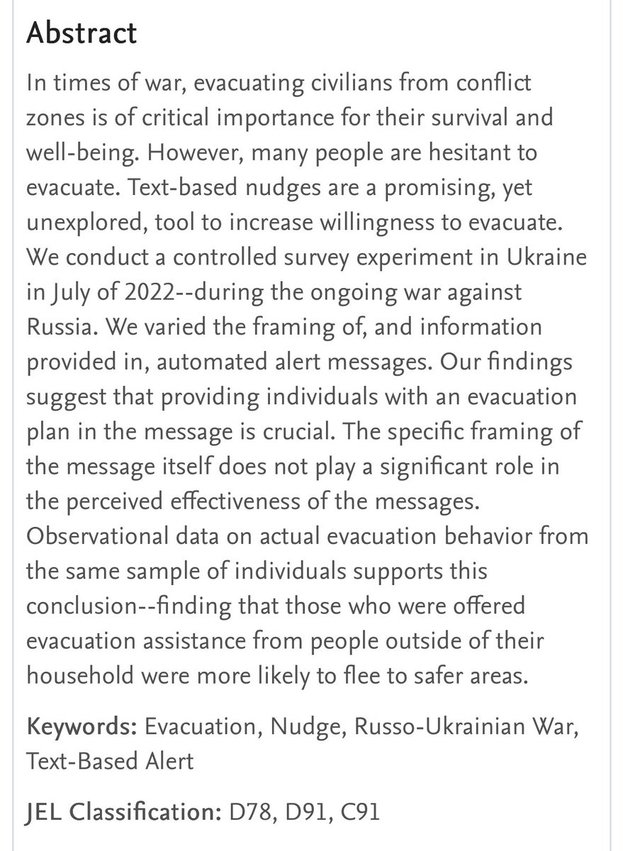 🎉 So very proud to announce that our paper “Civilian Evacuation During War: Evidence from Ukraine” has been conditionally accepted at The Economic Journal!

Thanks to my coauthors for all the amazing work. 

#AcademicTwitter

papers.ssrn.com/sol3/papers.cf…