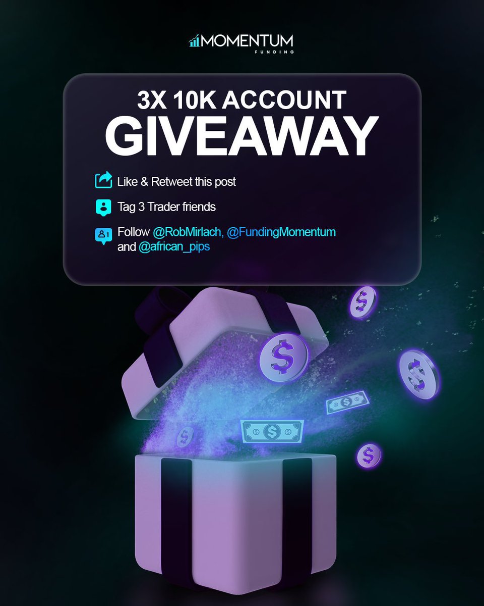 🚨🔔3x $10k Giveaway Alert! 🚨🔔

👇Enter this Giveaway by completing these steps

1️⃣ Sign up - africanpips.com/momentum-fundi…

2️⃣ Follow <a href="/RobMirlach/">Rob Mirlach</a> <a href="/FundingMomentum/">Momentum Funding</a> <a href="/african_pips/">Africapips</a> 

3️⃣ Repost this and tag 3 friends

Valid for 72hrs
Good luck to everyone participating!