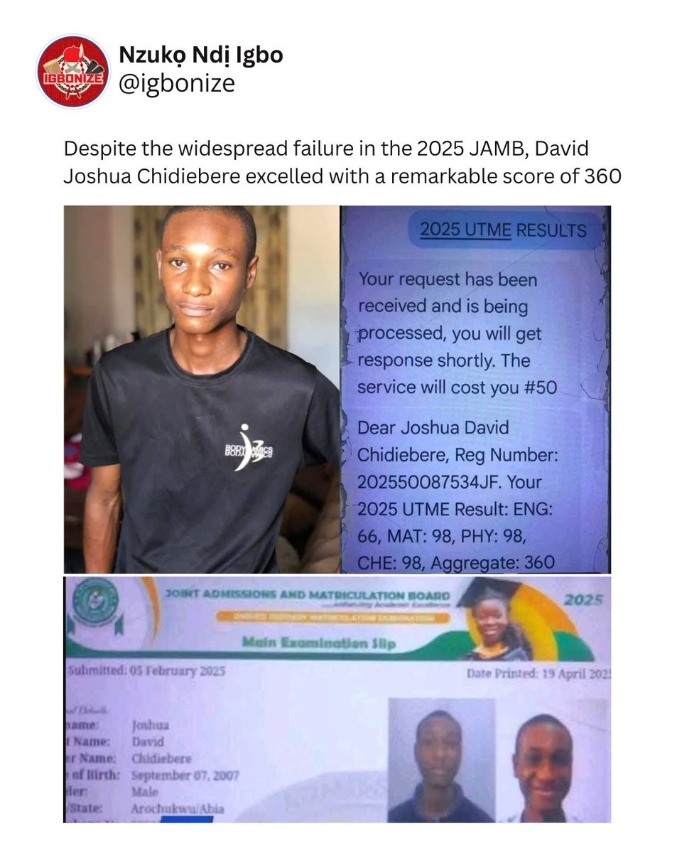 IGBO EXCELLENCE ALERT 🚨🔥

While many students across Nigeria are grappling with the mass failure reported in the 2025 JAMB examination, one brilliant son of the soil has broken barriers and soared above the storm. 🌟

David Joshua Chidiebere, a proud son of Arochukwu, Abia