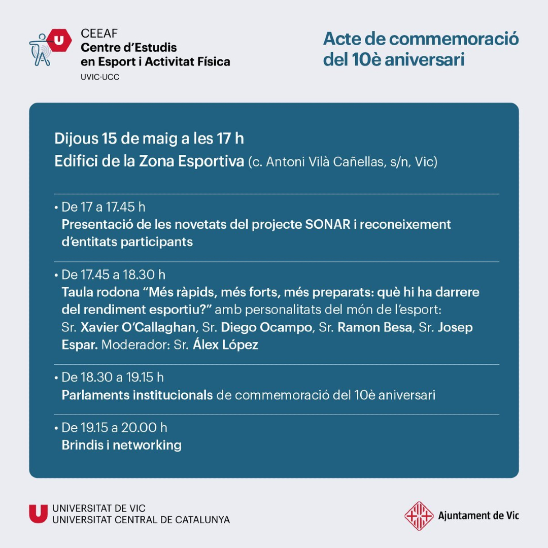 Agenda 📝| Acte de commemoració dels 10 anys del CEEAF

📅 15.05
🕓 17.00 h - 19.00 h
📍 Zona esportiva

👉 Més informació: uvic.cat/agenda/acte-de…