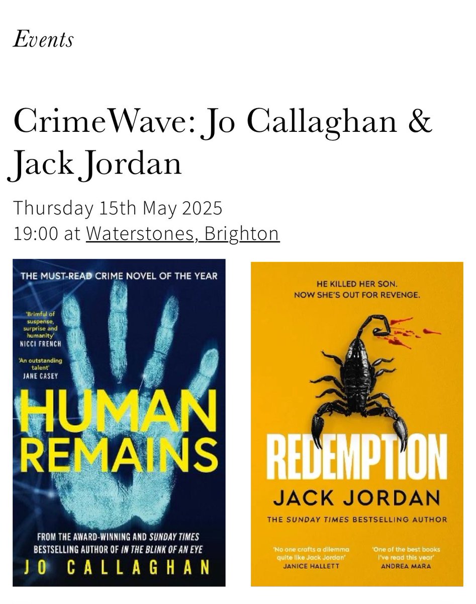 Jo Callaghan (@jocallaghankat) on Twitter photo Brighton friends! I have absolute pleasure of talking with <a href="/JackJordanBooks/">Jack Jordan</a> and <a href="/TheStuCummins/">Stu Cummins</a> at <a href="/BrightonWstones/">Waterstones Brighton</a> tomorrow night - it should be a blast so do join us! Brighton friends! I have absolute pleasure of talking with <a href="/JackJordanBooks/">Jack Jordan</a> and <a href="/TheStuCummins/">Stu Cummins</a> at <a href="/BrightonWstones/">Waterstones Brighton</a> tomorrow night - it should be a blast so do join us!