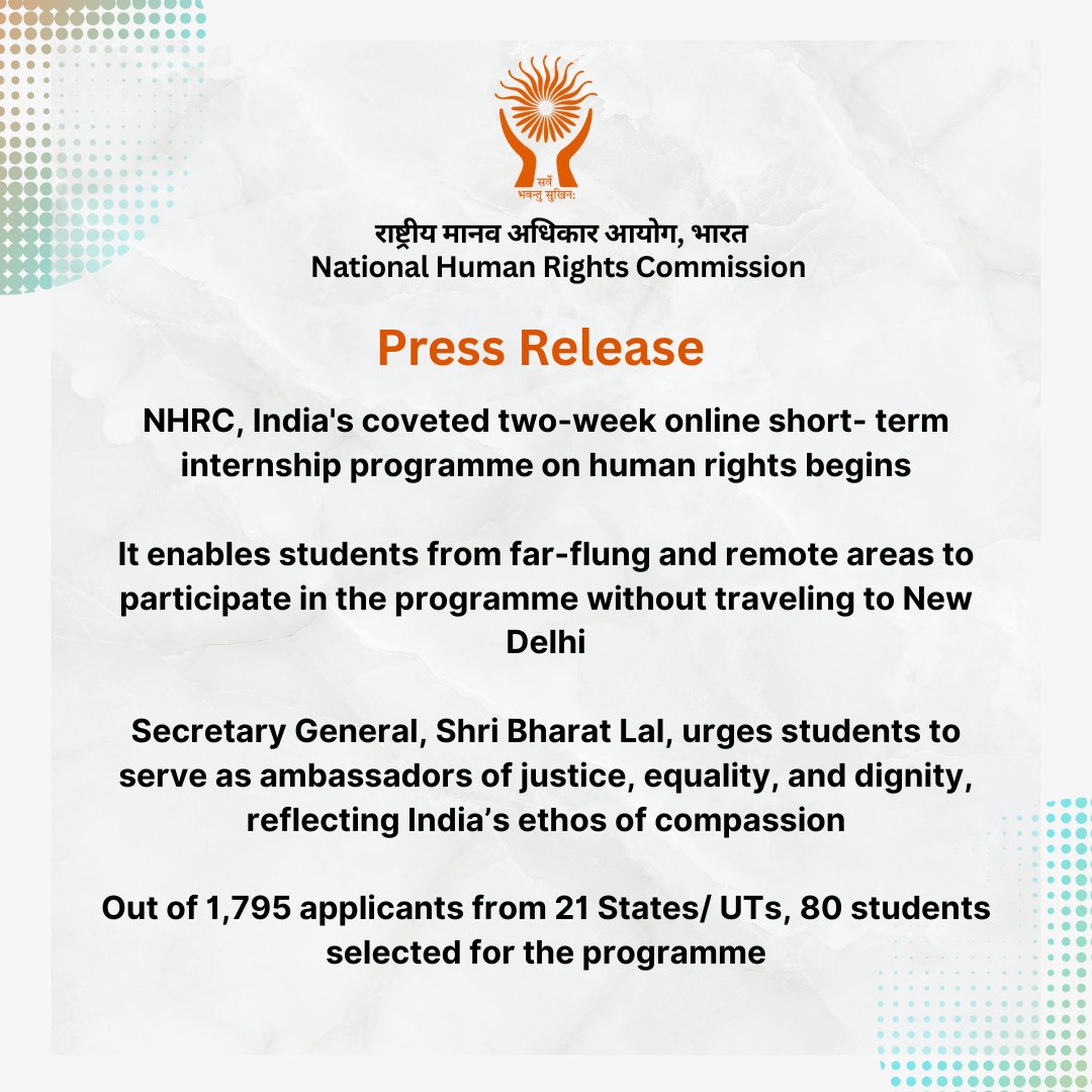 India_NHRC's tweet photo. NHRC, India's coveted two-week online short- term internship programme on human rights begins. Out of 1,795 applicants from 21 States/ UTs, 80 students selected for the programme. May like to refer to the press release at: https://t.co/MhZXtnMngg
#internship #Yoth #NHRCIndia https://t.co/8dKC6LgOvy