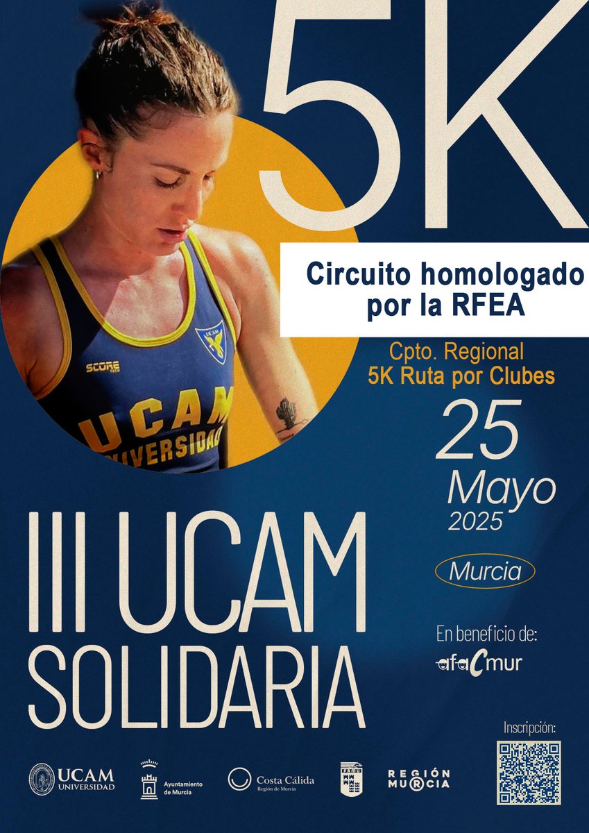 🔴 ¡El tiempo se agota! Ya casi cierran las inscripciones para la III 5K Solidaria de <a href="/UCAM/">UCAM Universidad</a> 🩵

🏃‍♂️Corre o Marcha por una buena causa junto a
<a href="/AFACMUR1/">Afacmur</a> 

✅ Circuito RFEA homologado
🏆 Campeonato Regional 5K Ruta por Clubes

➡️alcanzatumeta.es/iii-5k-marcha-…
