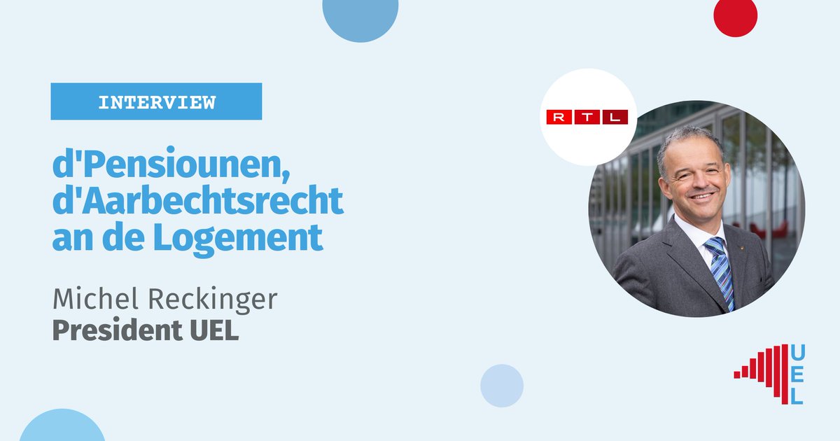 #interview
🗣️ Eise President Michel Reckinger war haut den Invité vun <a href="/RTLlu/">RTL Luxembourg</a>, haaptsächlech fir iwwer d'Pensiounen, d'Aarbechtsrecht an de Logement ze schwätzen.

Et war och d’Ausso dass déi gesamtwirtschaftlech Situatioun net gutt ass an dass de Wuesstem a Produktivitéitsmotor