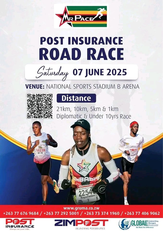 🏃‍♂️✨ Join us on 7 June 2025 for the Post Insurance- Mr. Pace Road Race!

Register and bring your friends! Let’s run for our health and happiness! 💪🏅

#PostInsuranceRoadRace2025
#Zimpost@135Years
#ZimpostDeliveringPossibilities