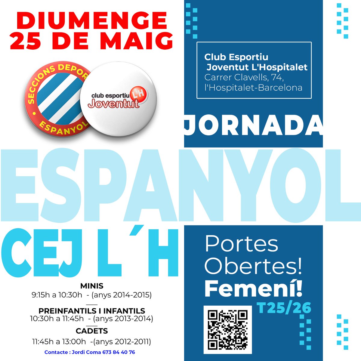 ⛹🏻‍♀️ PORTES OBERTES FEMENÍ SD Espanyol - CE Joventut L’Hospitalet

🔵 ⚪ BUSQUEM JUGADORES!
SD Espanyol i CEJ L’Hospitalet uneixen forces per un nou projecte!

👧🏼 Nenes nascudes entre el 2008 i el 2016
🏀 Vine a formar part d’un projecte ambiciós i formatiu
📍 L’Hospitalet de