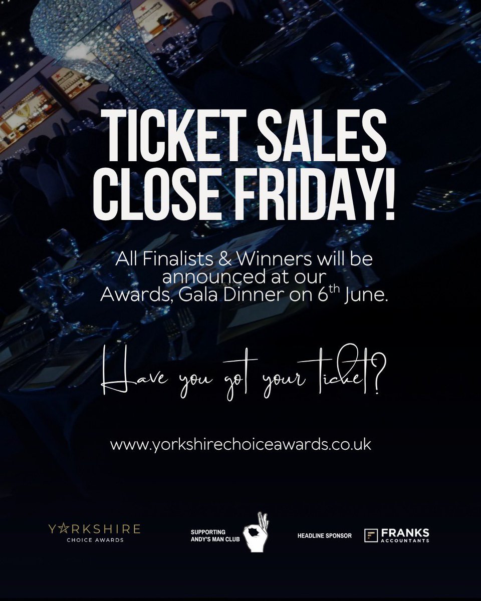 🎟️ FINAL REMINDER: Ticket Sales Close Friday 16th May

We’re almost fully booked for this year’s Yorkshire Choice Awards – don’t miss your chance to be part of an unforgettable evening! 

Ticket sales close this Friday - book here: yorkshirechoiceawards.co.uk/tickets

#YCA2025