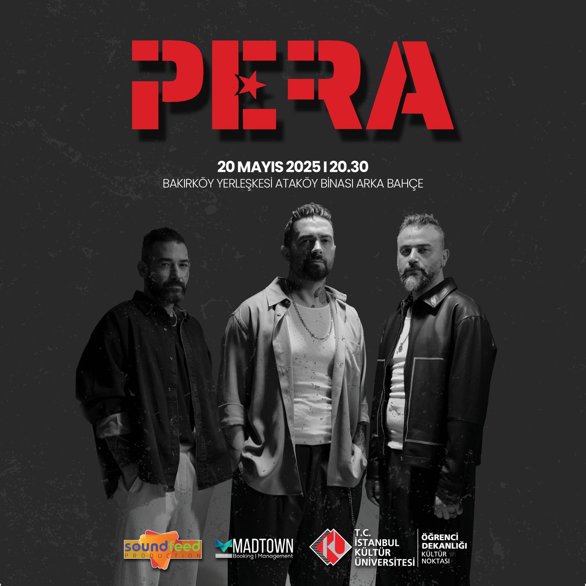 Öğrenci Dekanlığı Kültür Noktası tarafından Bakırköy yerleşkesi Ataköy binası arka bahçesinde gerçekleştirilecek olan "Bahar Konseri" kapsamanda sevilen rock müzik grubu PERA bizlerle olacak. Etkinlik kapsamında ayrıca Orkestra İKÜ ile DJ performansları da öğrencilerimizi