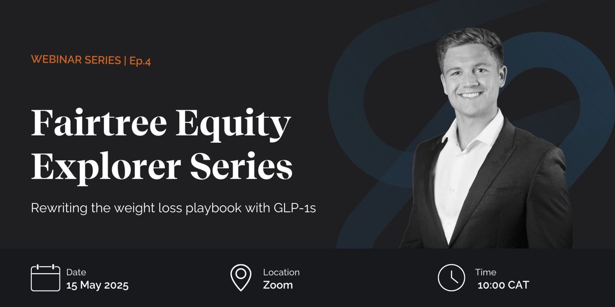 #Fairtree Equity Explorer Ep. 4

Join us on 15 May at 10:00 where Janco du Toit &amp; Karena Naidu explore GLP-1 weight loss drugs - once for diabetes, now reshaping obesity treatment - and the leading companies, Eli Lilly and Novo Nordisk.

Register here: tinyurl.com/bdebu3sj