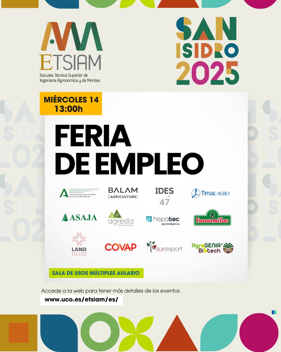 ETSIAMCordoba's tweet photo. 🗣️Una selección de empresas líderes viene a conocerte, a descubrir tu talento y a contarte qué perfiles buscan incorporar a sus equipos #FeriadeEmpleo #ETSIAM
¡Os esperamos a partir de las 13:00h! #SanIsidro2025 #Empleo https://t.co/v9sKUDS3cS