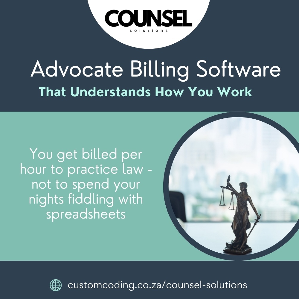 CustomCodingSA's tweet image. Legal billing software for advocates
#customcoding
#counselsolution
#advocatebilling
#advocateinvoicing
#southafricanadvocate
#legalsoftware