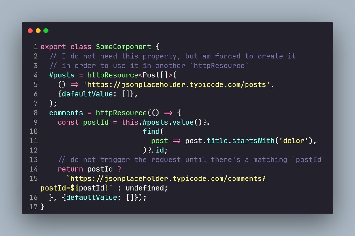Armandotrue's tweet image. I wish chaining HTTP calls was a bit better with `httpResource`

I don&apos;t like creating properties for resources that are only meant to be consumed by other resources: